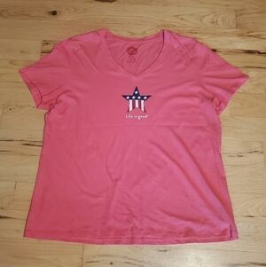 Life Is Good Patriotic American Flag Stars and Stripes Size XLarge Coral V Neck